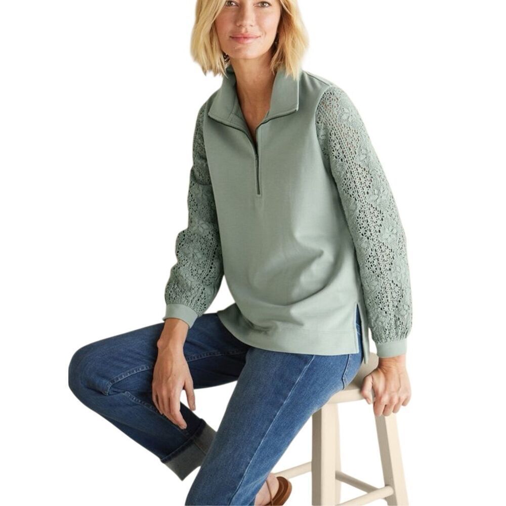 Soft surroundings 1X green crochet sleeve French Terry tunic top